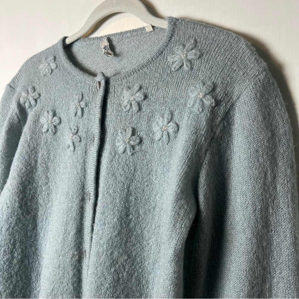 Vintage Bullock’s Italy Mohair Blend Floral Appliqué Pearl Cardigan Sz M