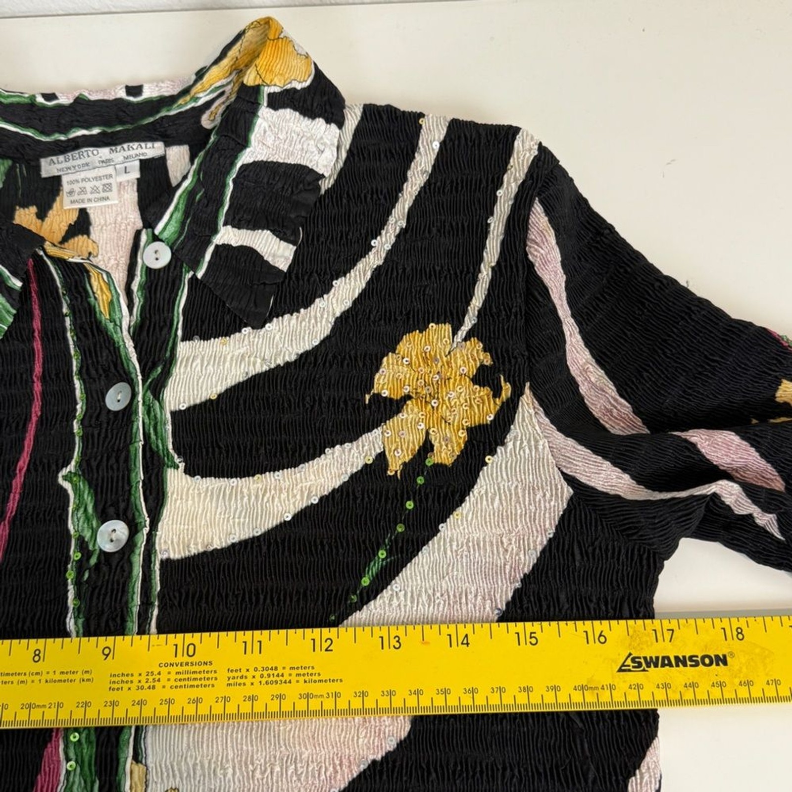 Vintage Alberto Makali Floral Crinkle Sequin Shirt L