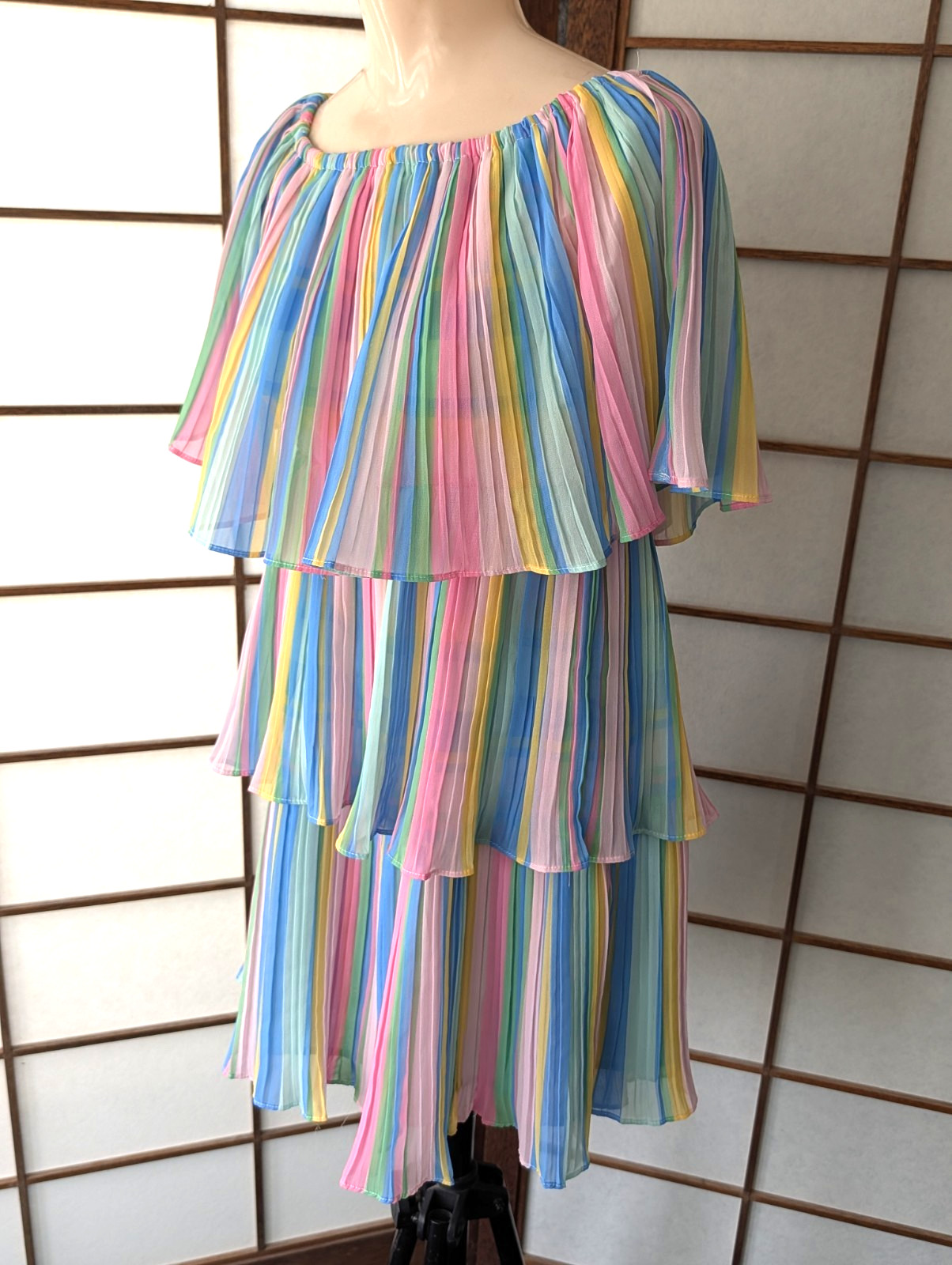 Vintage 1980s Three-tiered Pastel Striped Off The Shoulder Ruffle Mini Dress S/M