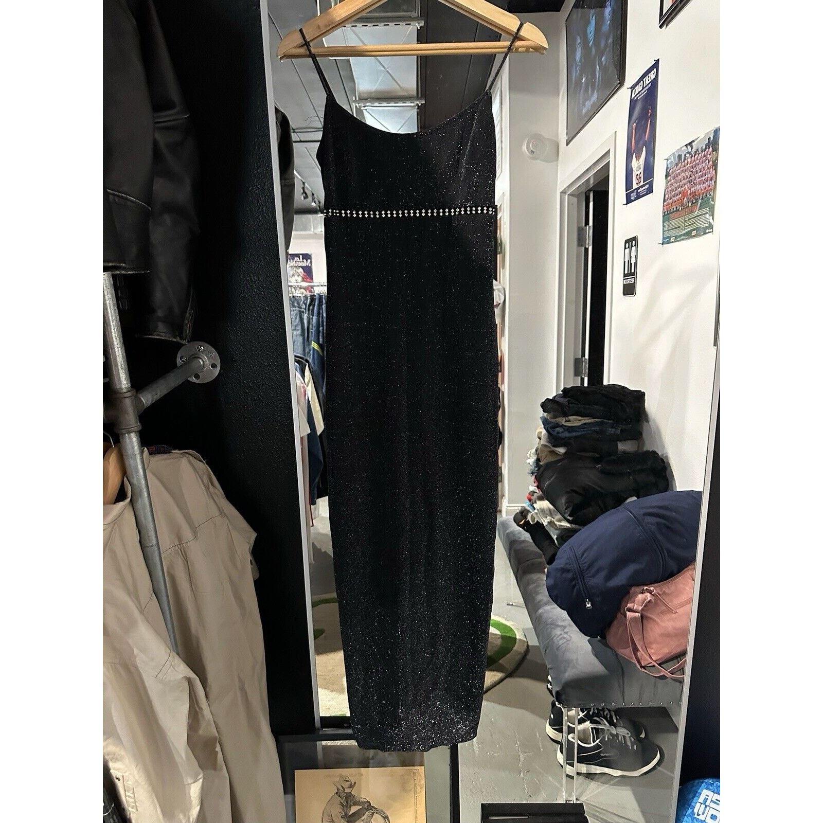 Vintage 90s 579 Black Metallic Rhinestone Floor Length Formal Gown Size 3