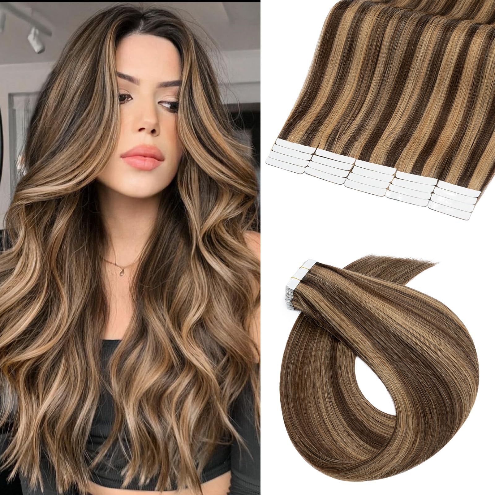 Benehair 20pcs Remy Tape-in Hair Extensions 22in Real Human Hair Medium Brown