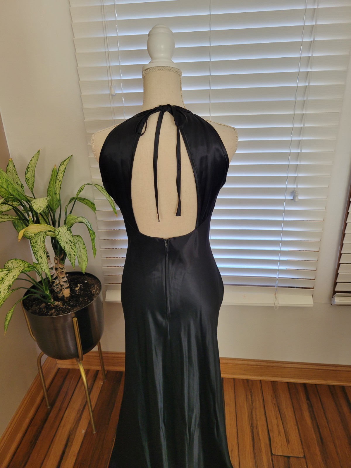Vtg 90s Black Beaded Long Formal Prom Maxi Dress 9/10 M Satin Empire Babydoll