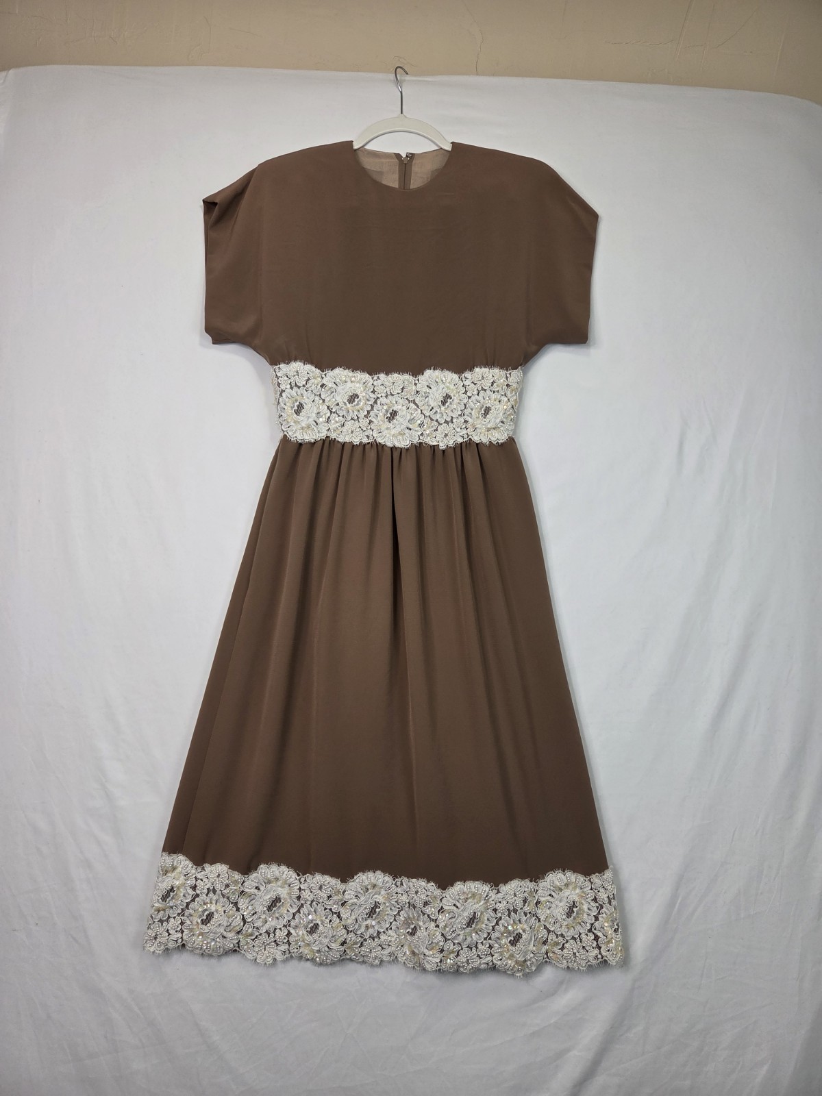 VTG William Pearson Brown Midi Dress Beaded Lace Trim Made USA Size 6 70s 80s