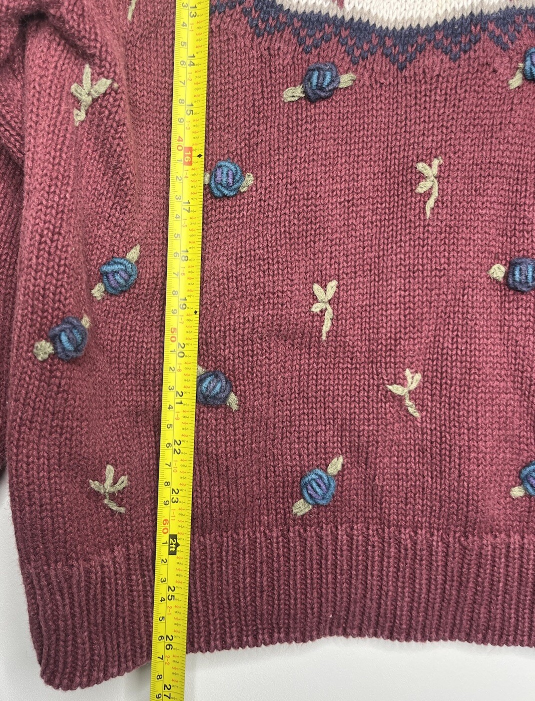 Van Heusen Hand Knitted For Her Floral Sweater Burgundy Size Small Vintage