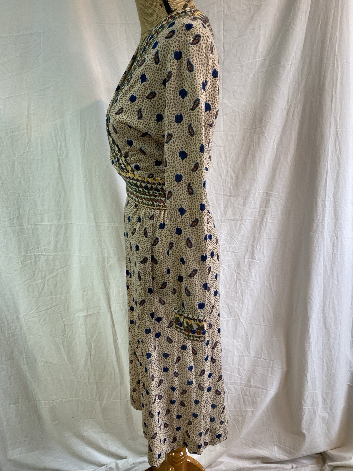 Vintage 70s Midge Grant Career Dress Wrap Bodice Inset Waist Paisley Modern 4