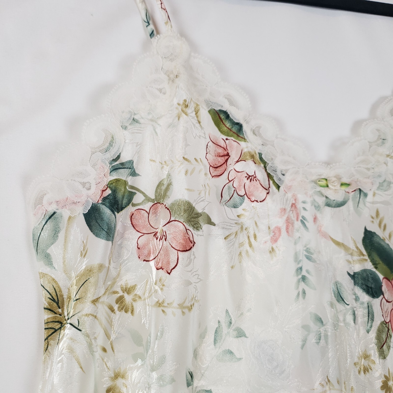 Vintage Belle Soiree Satin Slip Womens Large Long Nightgown Floral Ivory 90s NWT