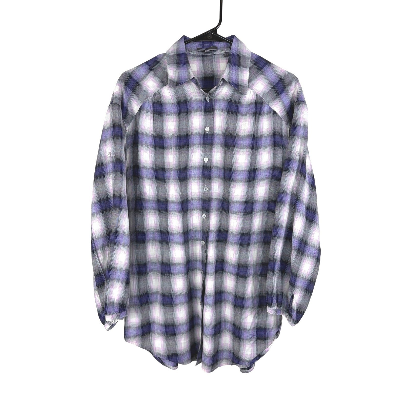 Vince Plaid Button Down Roll Tab Sleeve Blouse Purple Women’s Size XS Grunge