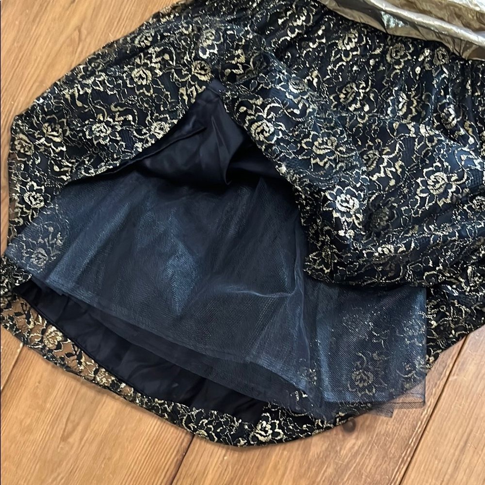 VTG 80s Black and Gold Lace Spaghetti Strap Cocktail Prom Dress with Tulle