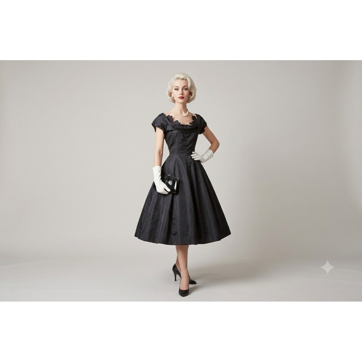 Vintage 1950s Black Silk Portrait Neckline Bow Cocktail Dress Mid-Century Modern