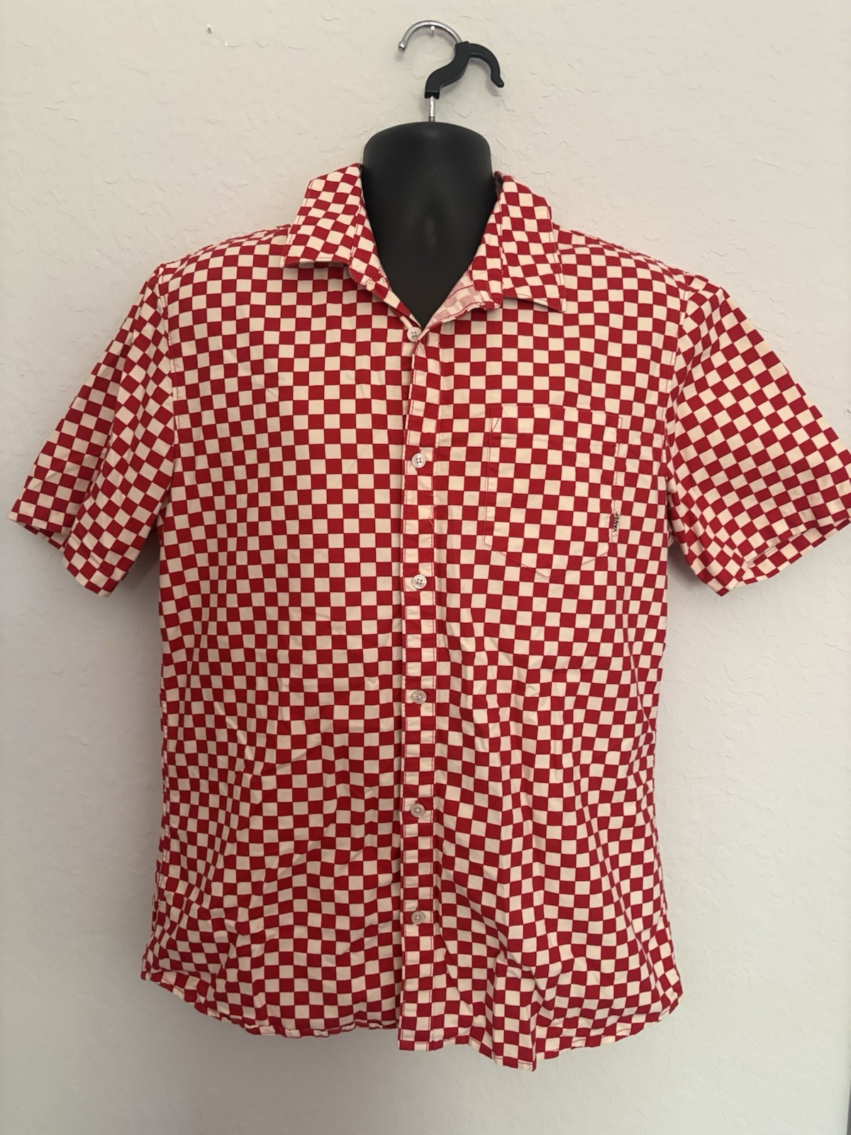 Vans Mens Classic Red Checkerboard Button Up Cotton Short Sleeve Shirt Size Lg