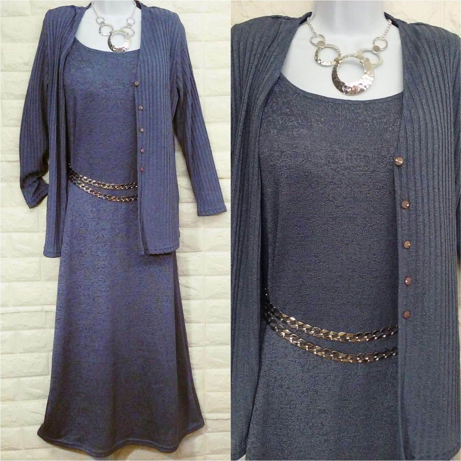 Vintage 90s 2-pc Knitwear Set Sz-M Midi Tank Dress Ribbed Knit Cardigan Buttons