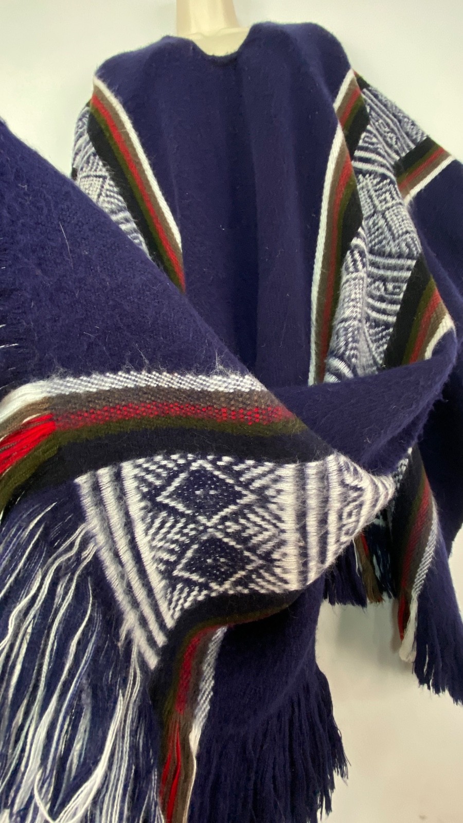 Vintage 1970s blue alpaca wool poncho long striped fringe unisex boho blanket