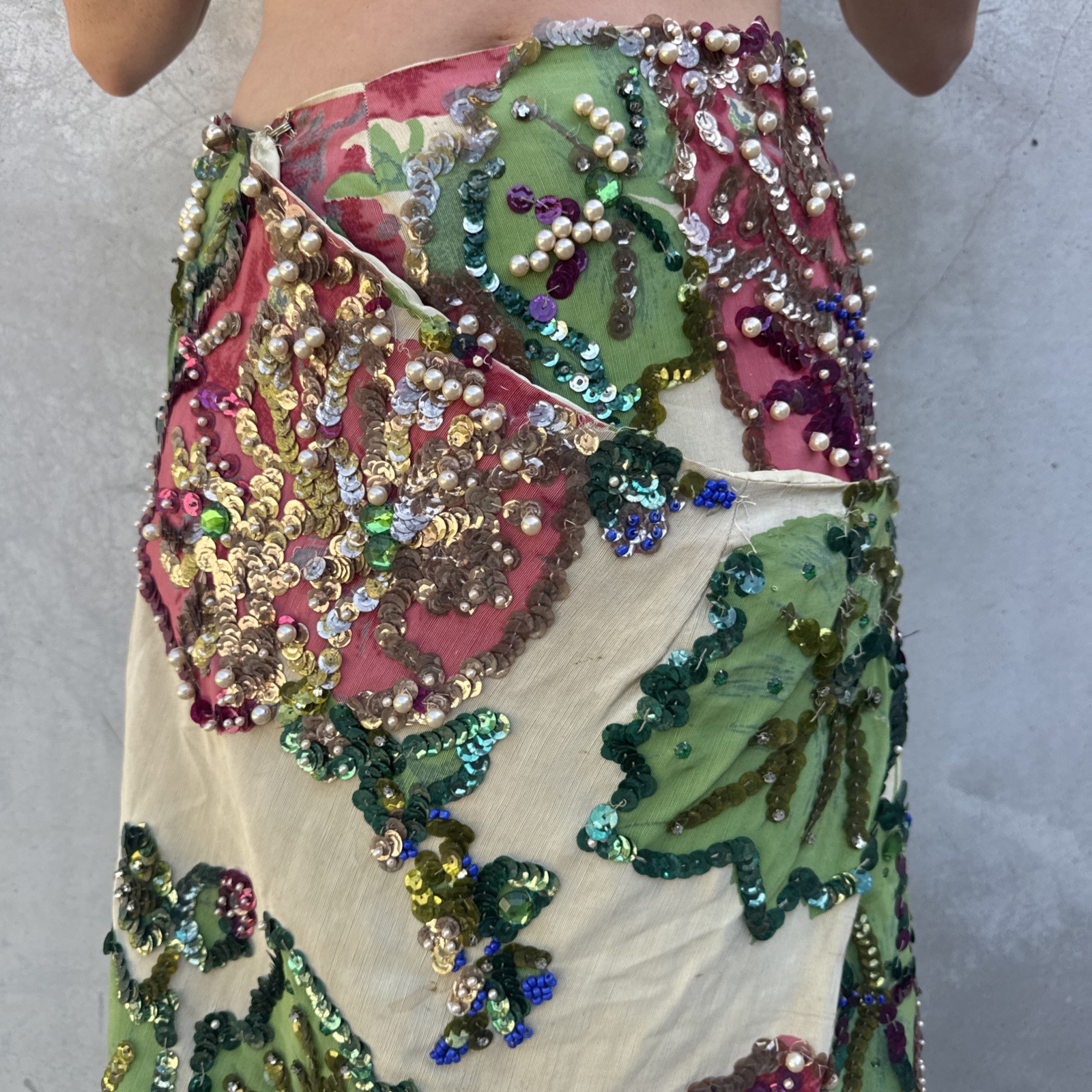 Vintage 1930s Painted Skirt Rhinestones Beading Pearls Flower Showgirl Burlesque