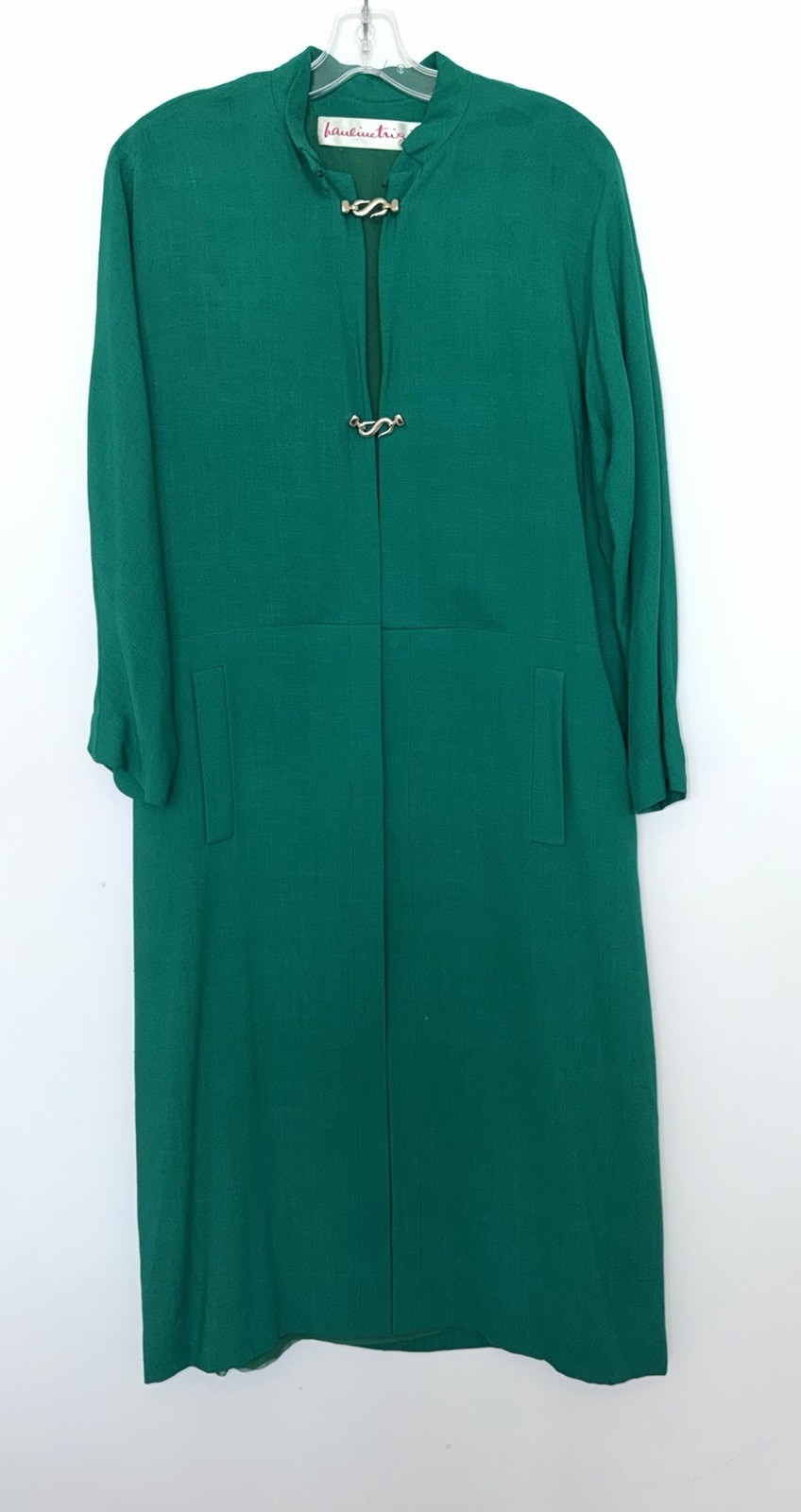 VTG 80s Pauline Trigere Bergdorf Goodman Emerald Green Maxi Textured Shirt Dress