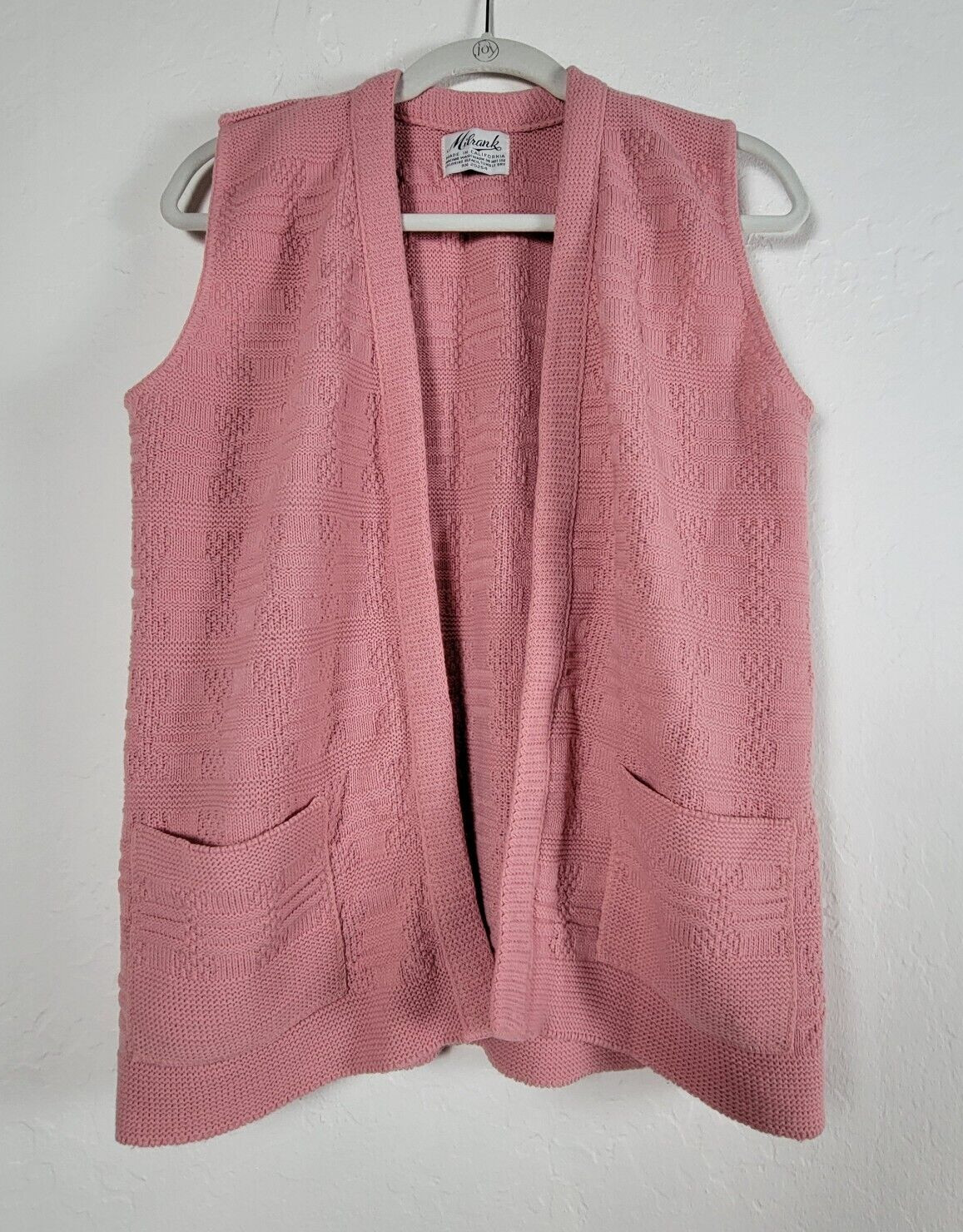 Vintage Milrank Vest Womens Pink Knit Cardigan Sweater Open Front Pockets USA