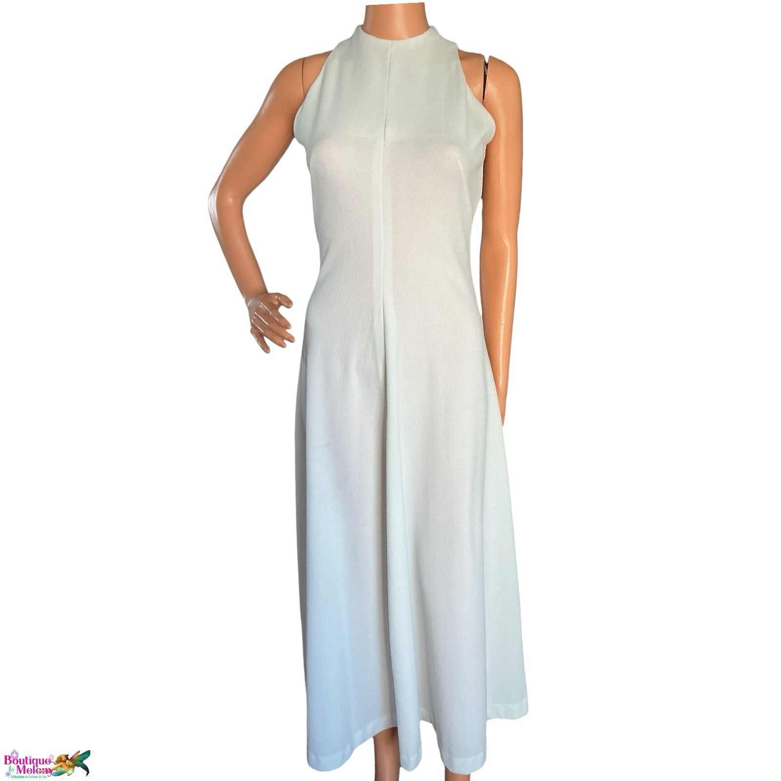 Minimalist White Crepe Knit Midi Dress Sleeveless High Neck A Line Stretch