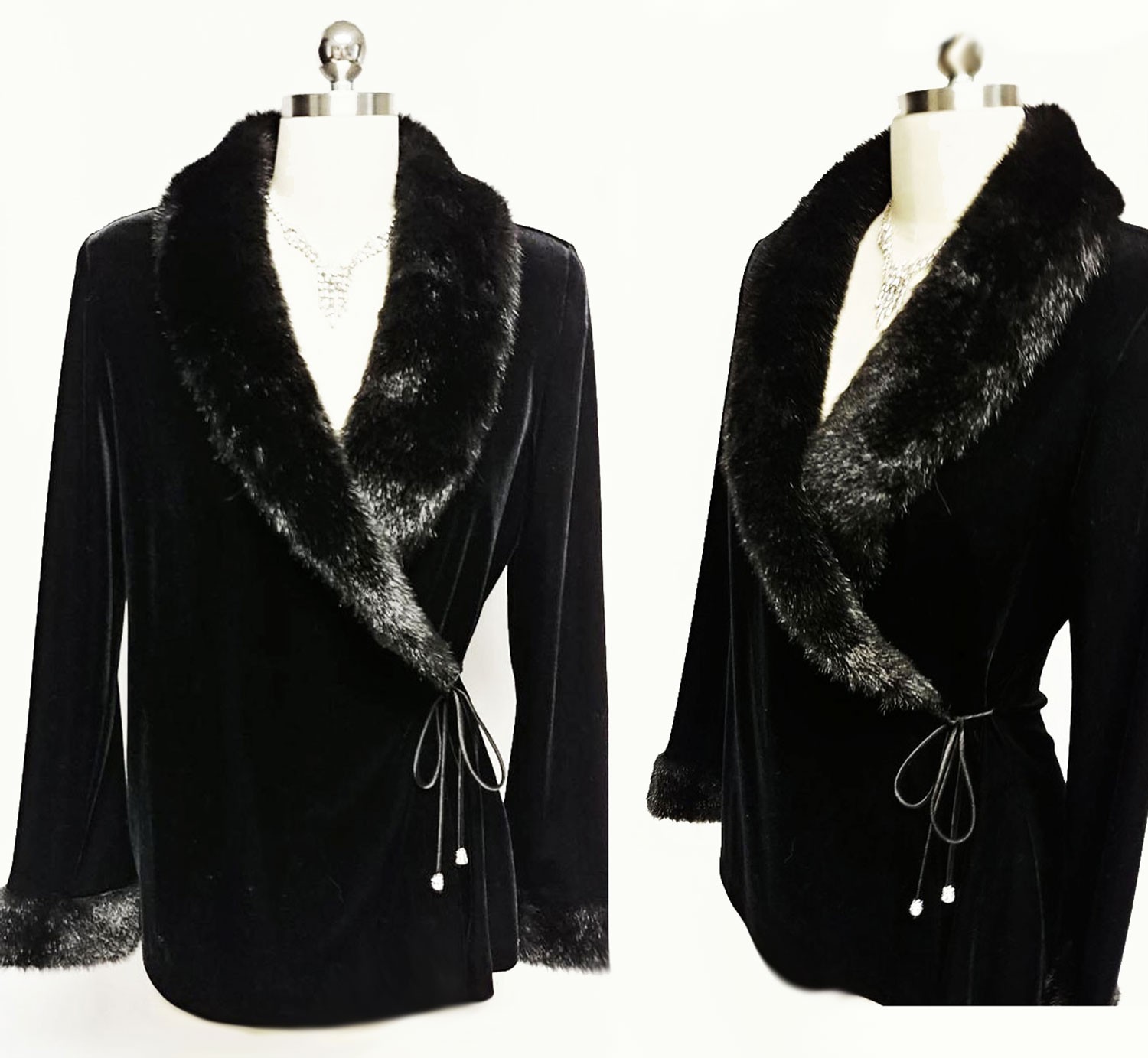 VINTAGE FAUX FUR EVENING JACKET WITH ENCRUSTED GOLD TONE RHINESTONE TIES