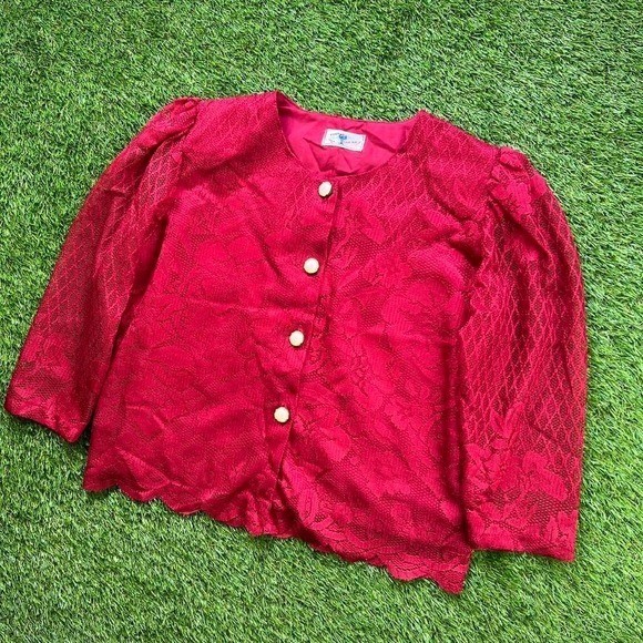 VTG 70’s Five Cherry blouse Red Gold buttons shoulder pads granny core