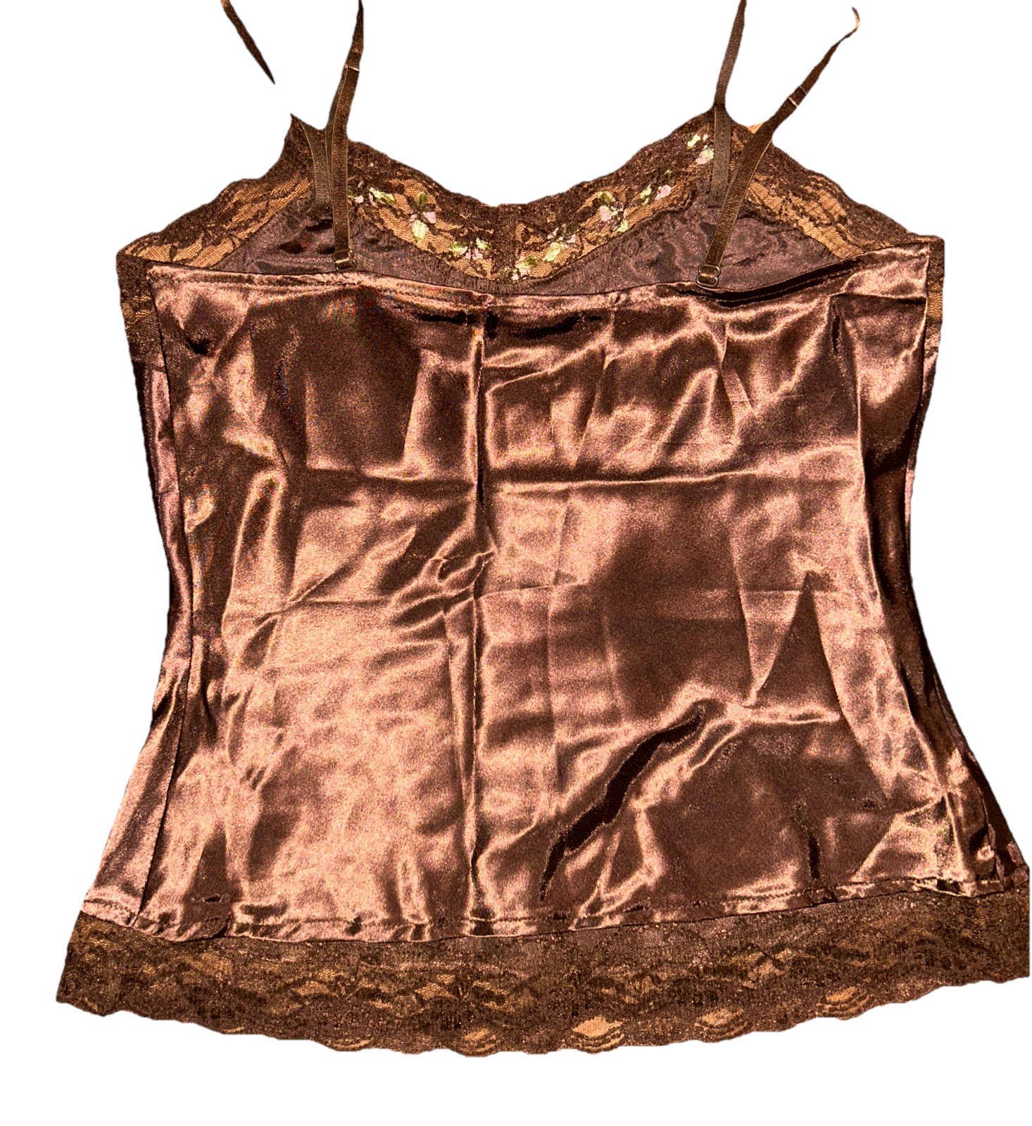 Vintage Y2K Deadstock One Step Up Satin Camisole Cami Top NWT Brown Rose Lace S