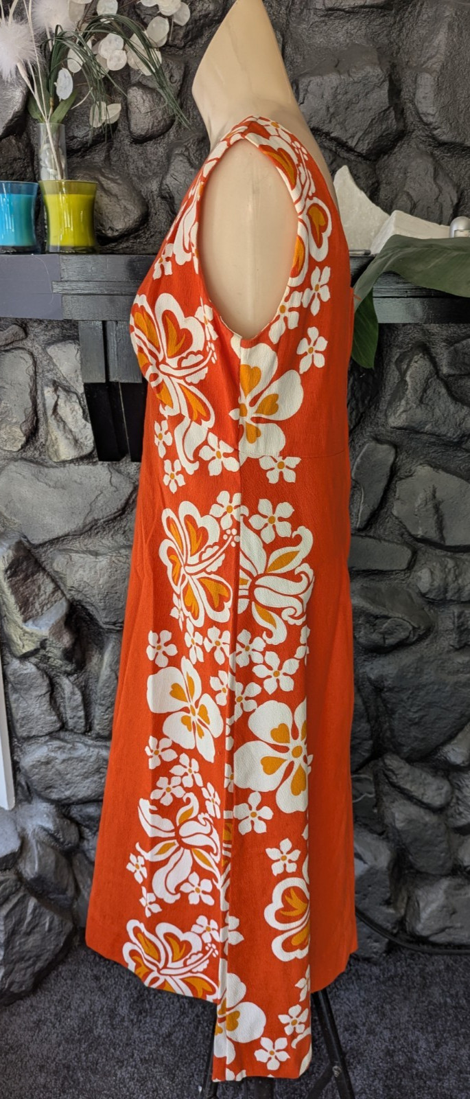 VTG 1960’s Sears Hawaiian Fashions Aloha Orange Barkcloth Floral Midi Dress Med