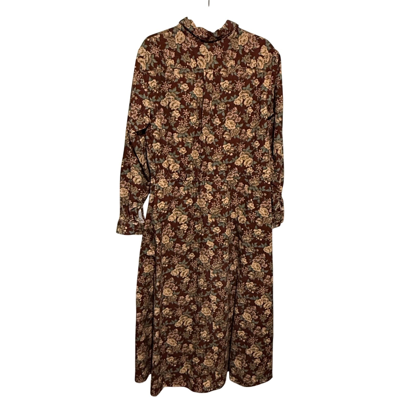 Bedford Fair Vintage Floral Corduroy Maxi Shirt Dress Brown Burgundy Cotton 12
