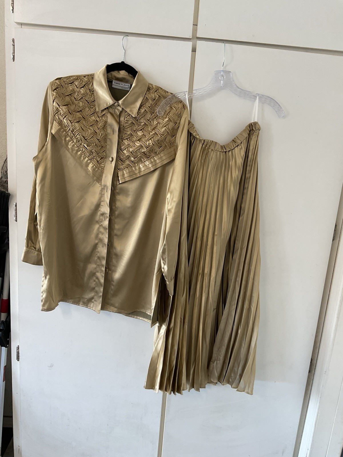 Vintage Gold Satin Finish Long Sleeve Blouse With Matching Long Skirt