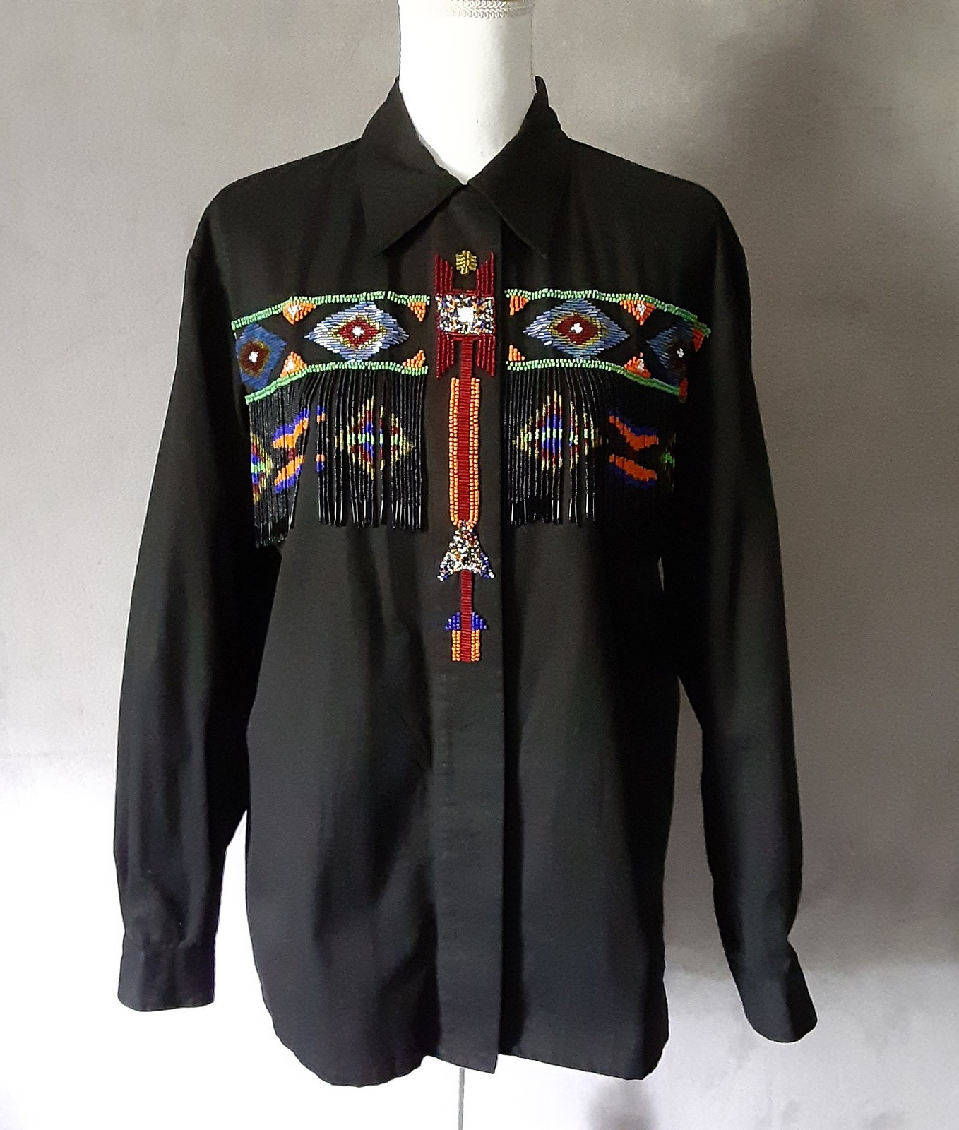 Vintage 90’s Lew Magram NY Black Size 14 Beaded Western Shirt Aztec 4″ Fringe