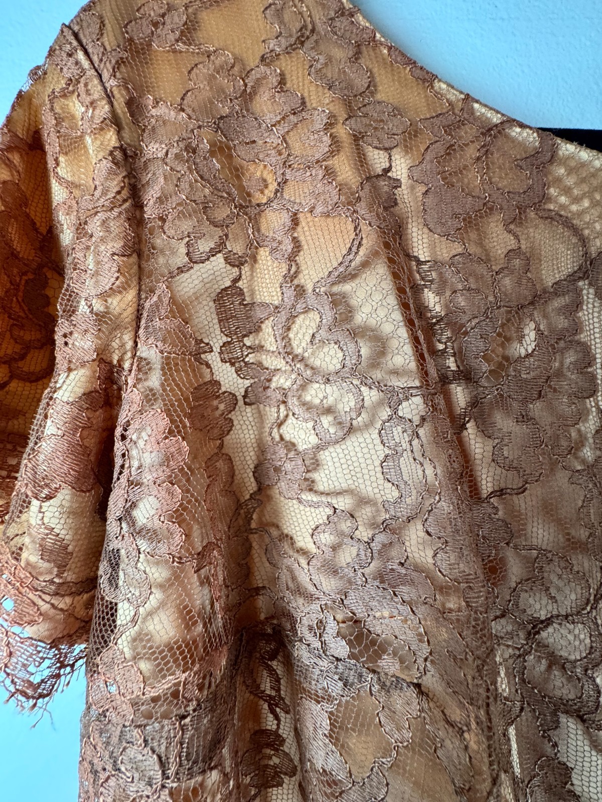 Romantic 1960s Cocoa Lace Wiggle Dress with Peach Lining – Delicate Handmade Vin