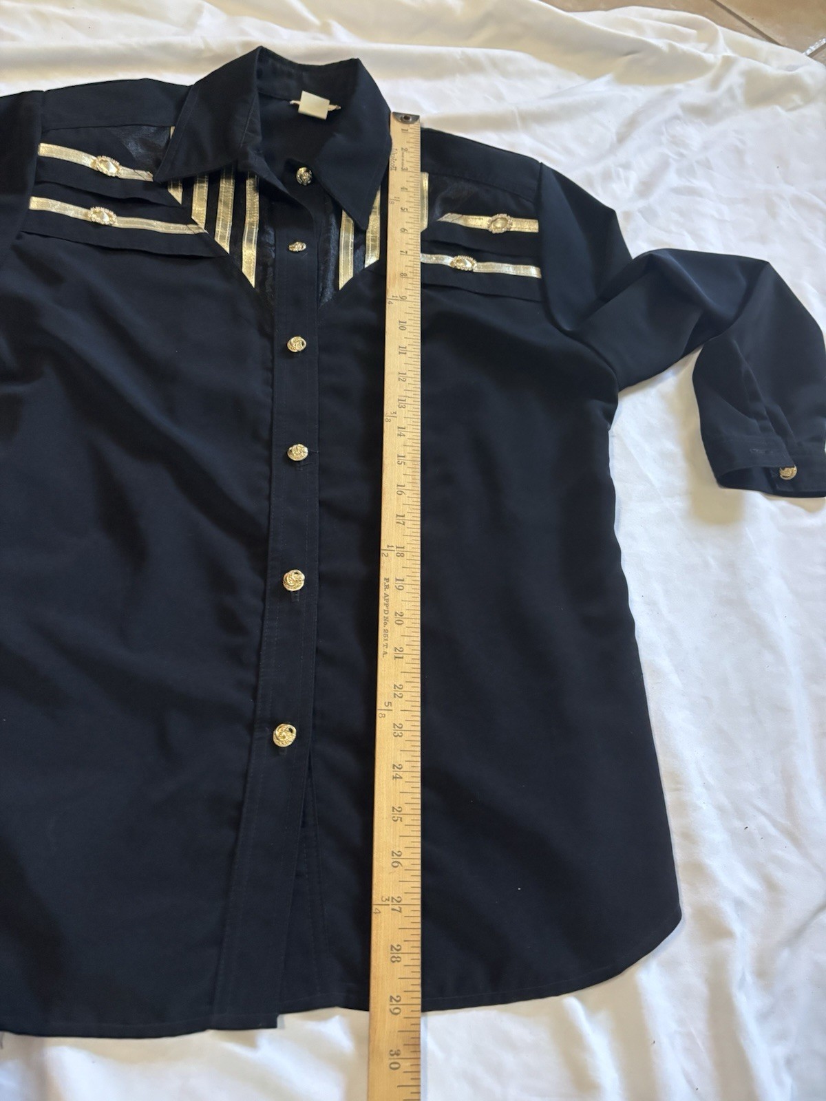 VTG 80s RIO Inc Women L Black Gold Metallic Ribbon Western Rodeo Shirt USA Made