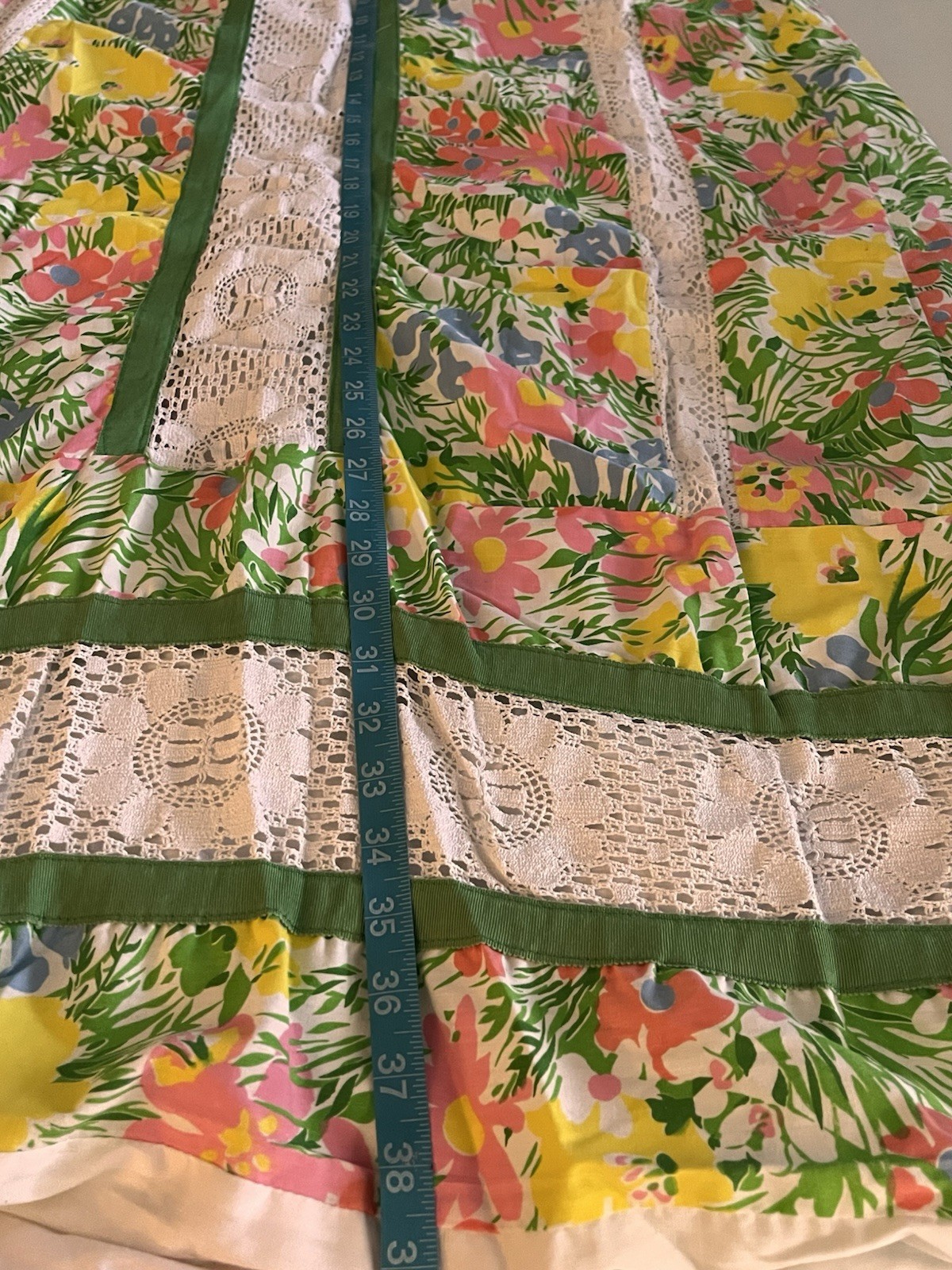 Vintage 70s MR HANK Pink & Green Floral Patchwork Skirt Eyelet Cottagecore L/XL