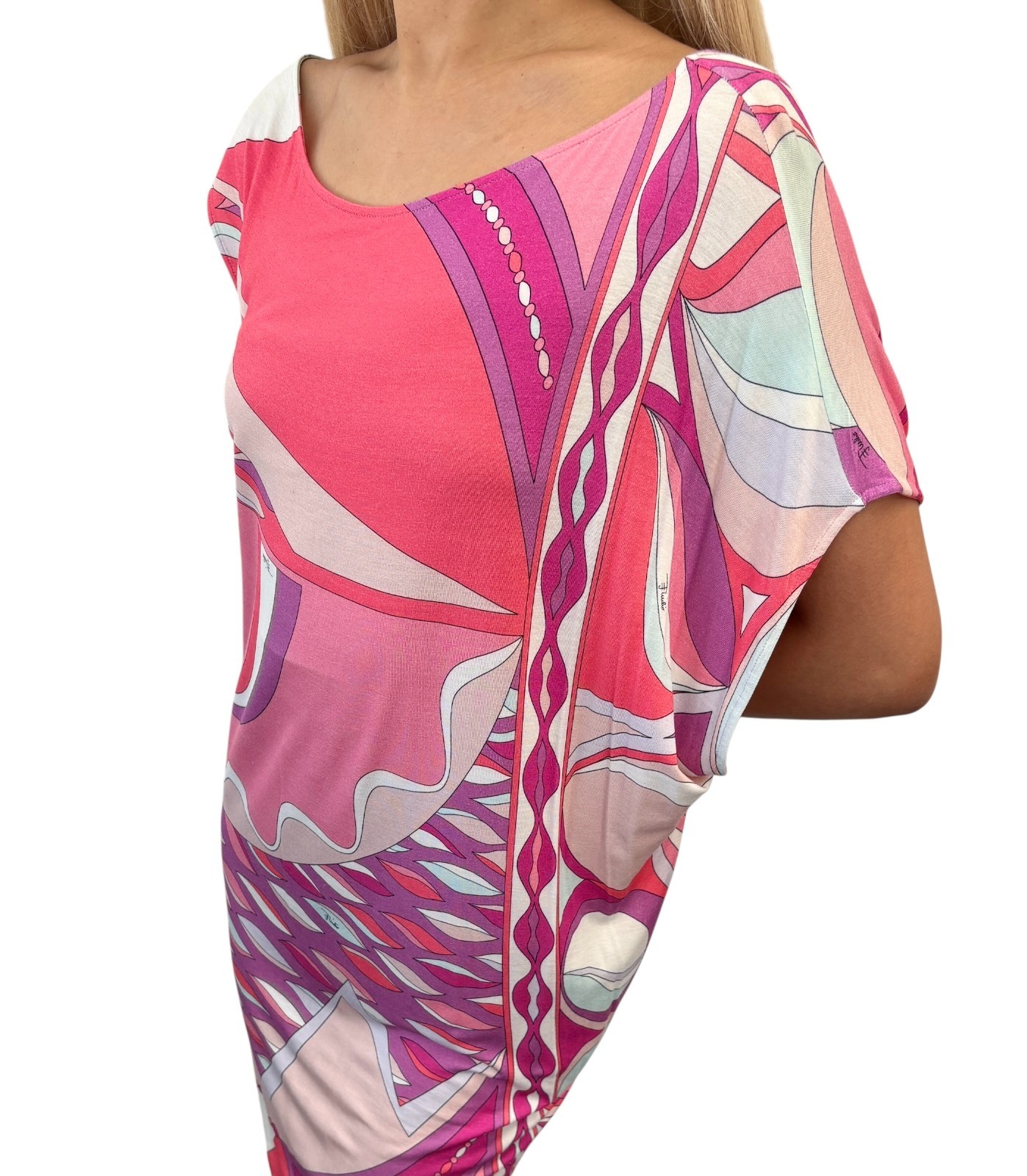 EMILIO PUCCI Vintage Multicolor Abstract Asymmetric Midi Dress #34 Pink 902105
