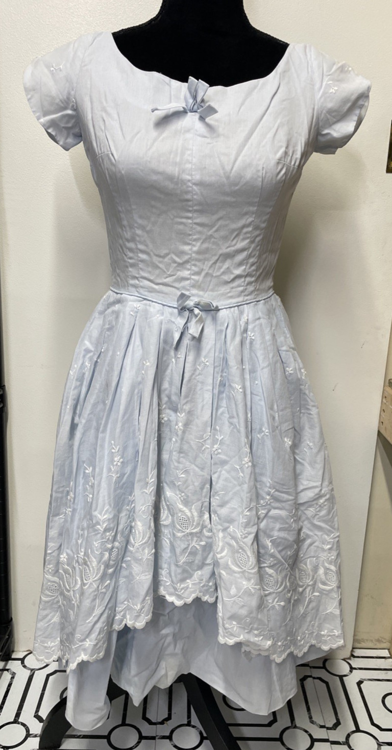 Vtg Blue Cotton Dress W/ Embroidered White Flowers Layered Split Skirt Flowy XS