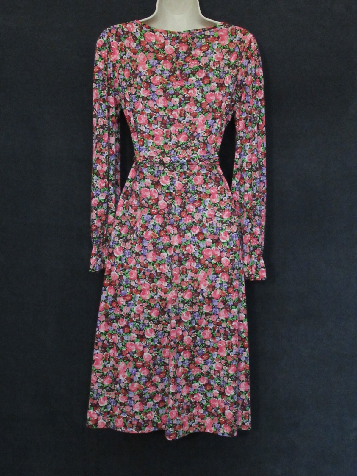 70’s Vintage Eva Robert Janan Italy Black Pink Floral Keyhole Belted Midi Dress