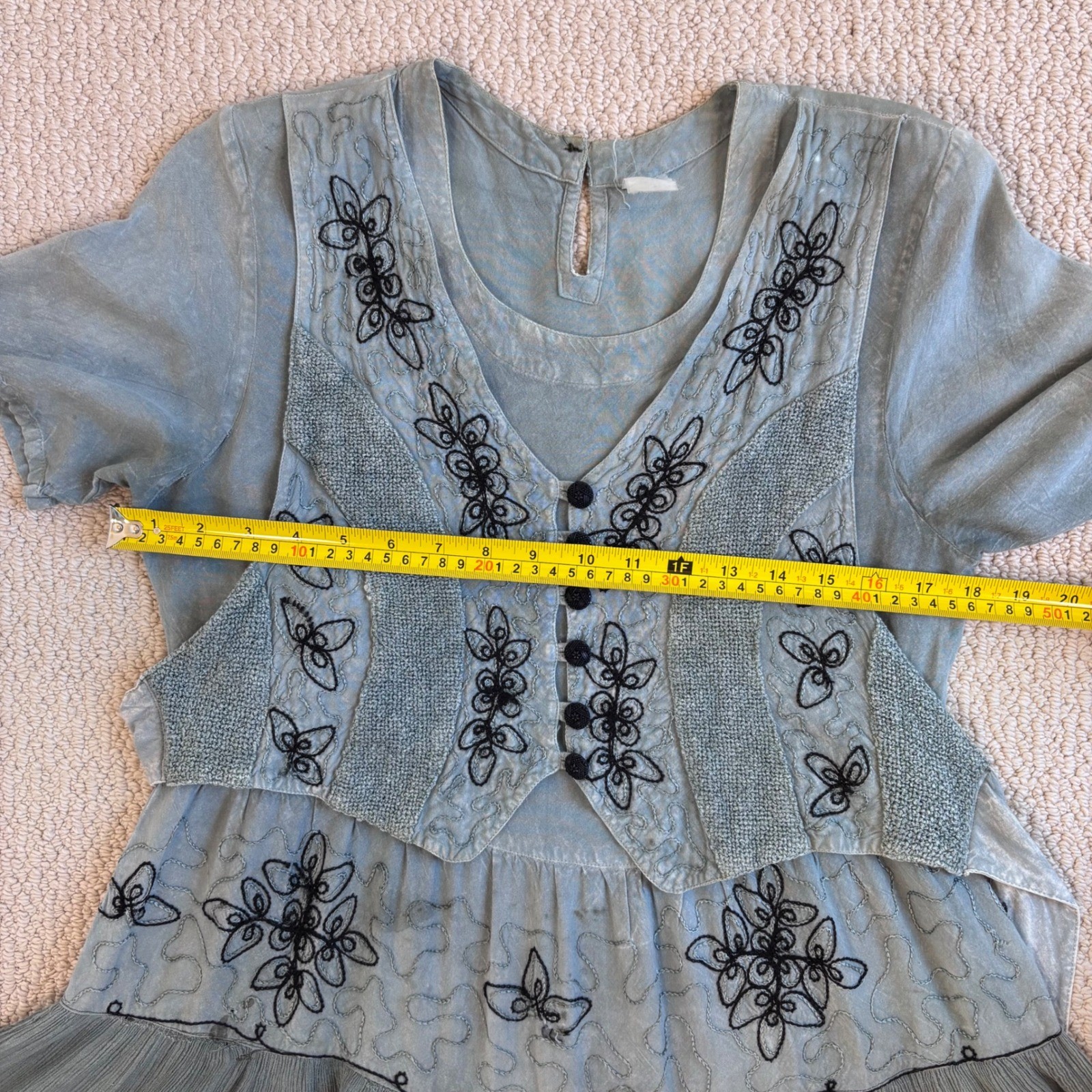 Vintage Cottage Blue Grey Embroidered Tiered Midi Dress, Medium Boho Ren Faire