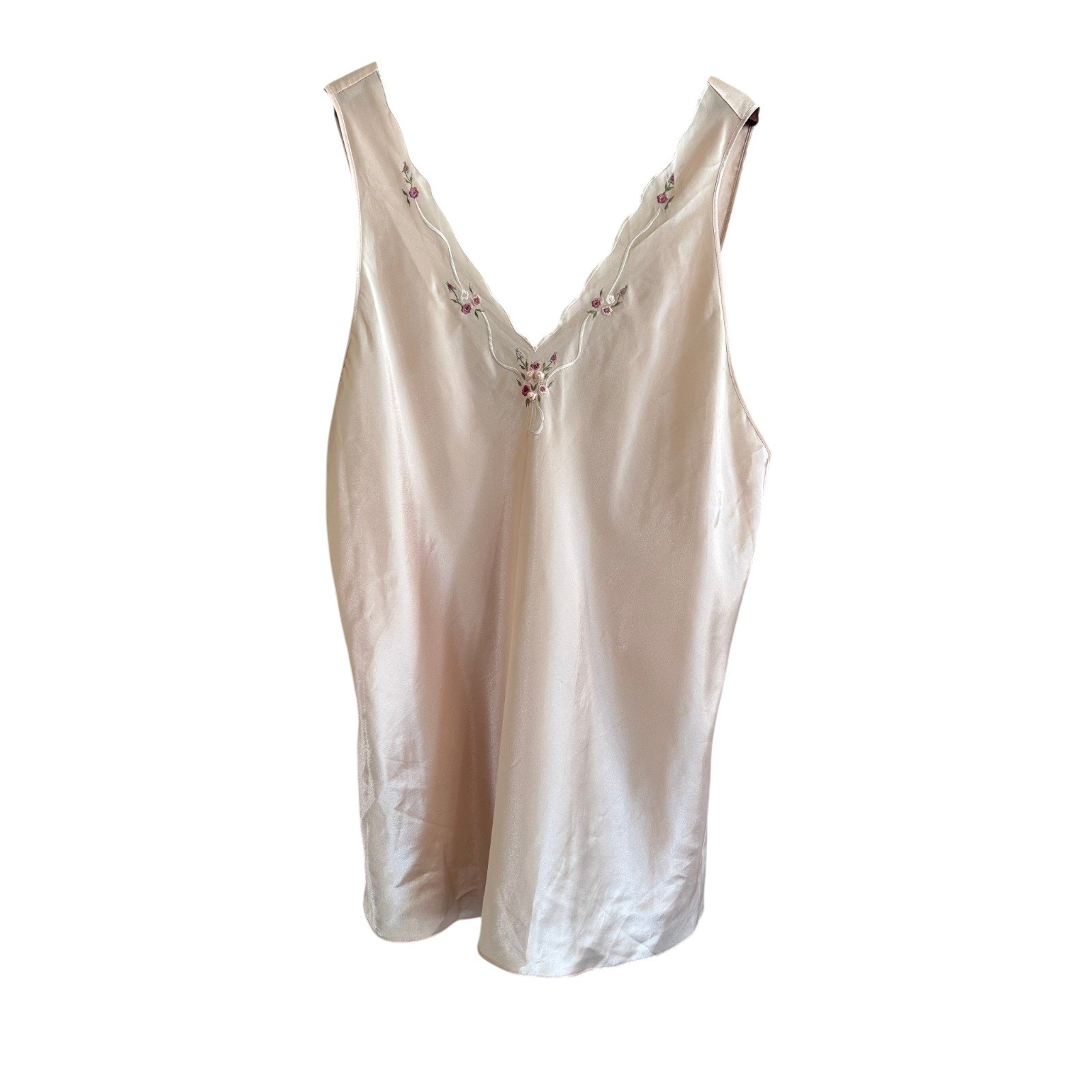 Vintage Gilligan O’Malley 2X Pink Satin Night Dress Floral Embroidered V-Neck