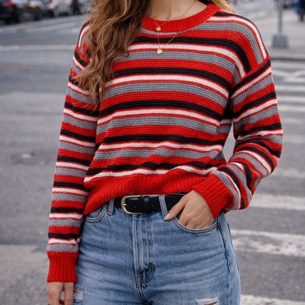 Vintage Red Black Striped Crewneck Sweater Textured Knit Acrylic Made in Korea