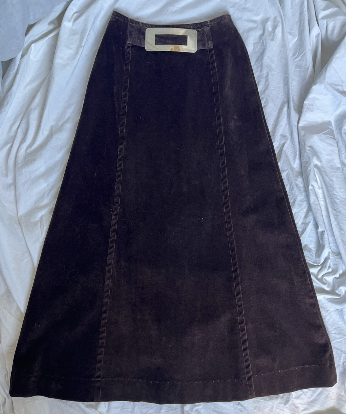 Vintage 1970s Maxi Skirt Brown Velveteen Metal Buckle Boho Hippie Grunge 70s XS