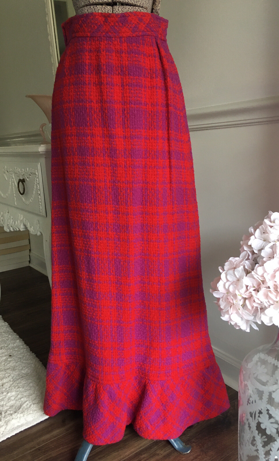 Vintage 1970s PURPLE & Pinkish RED Plaid Wool FLUTTER Ruffle BIAS HEM By Hadley