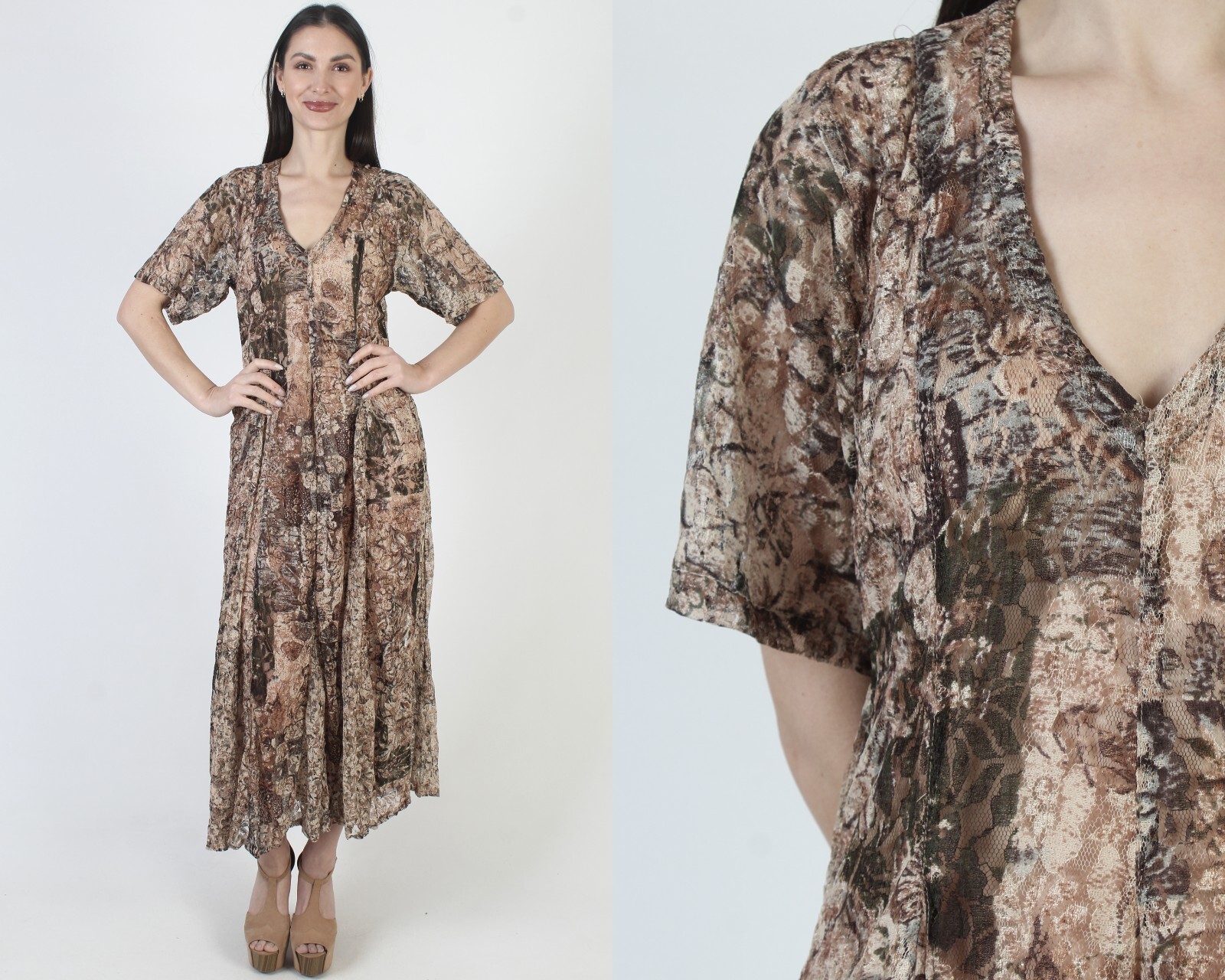 Vintage Camouflage Gypsy Lace Dress 90s Sheer Forrest Army Green Grunge Maxi M