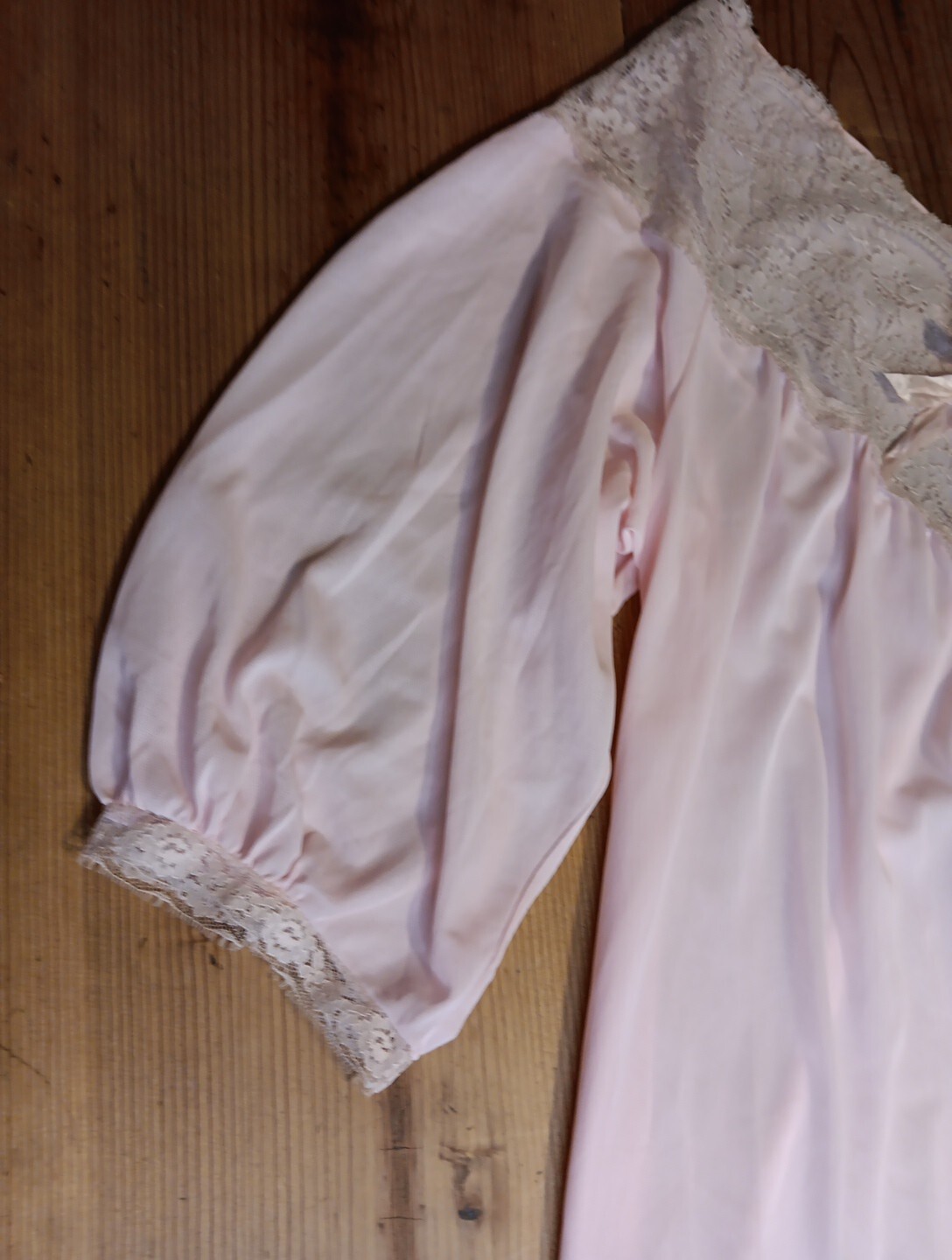 Vtg Sears Womens M 42-44 Pink Sheer Long Nightgown Nylon Lace Front 3/4 Sleeve