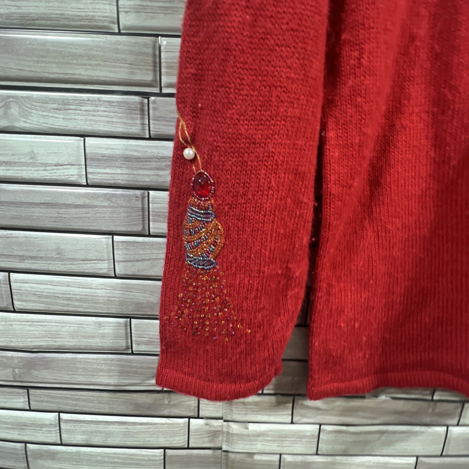 VTG Western Connection womens S tunic Sweater Red pearls beaded v neck 80s Retro