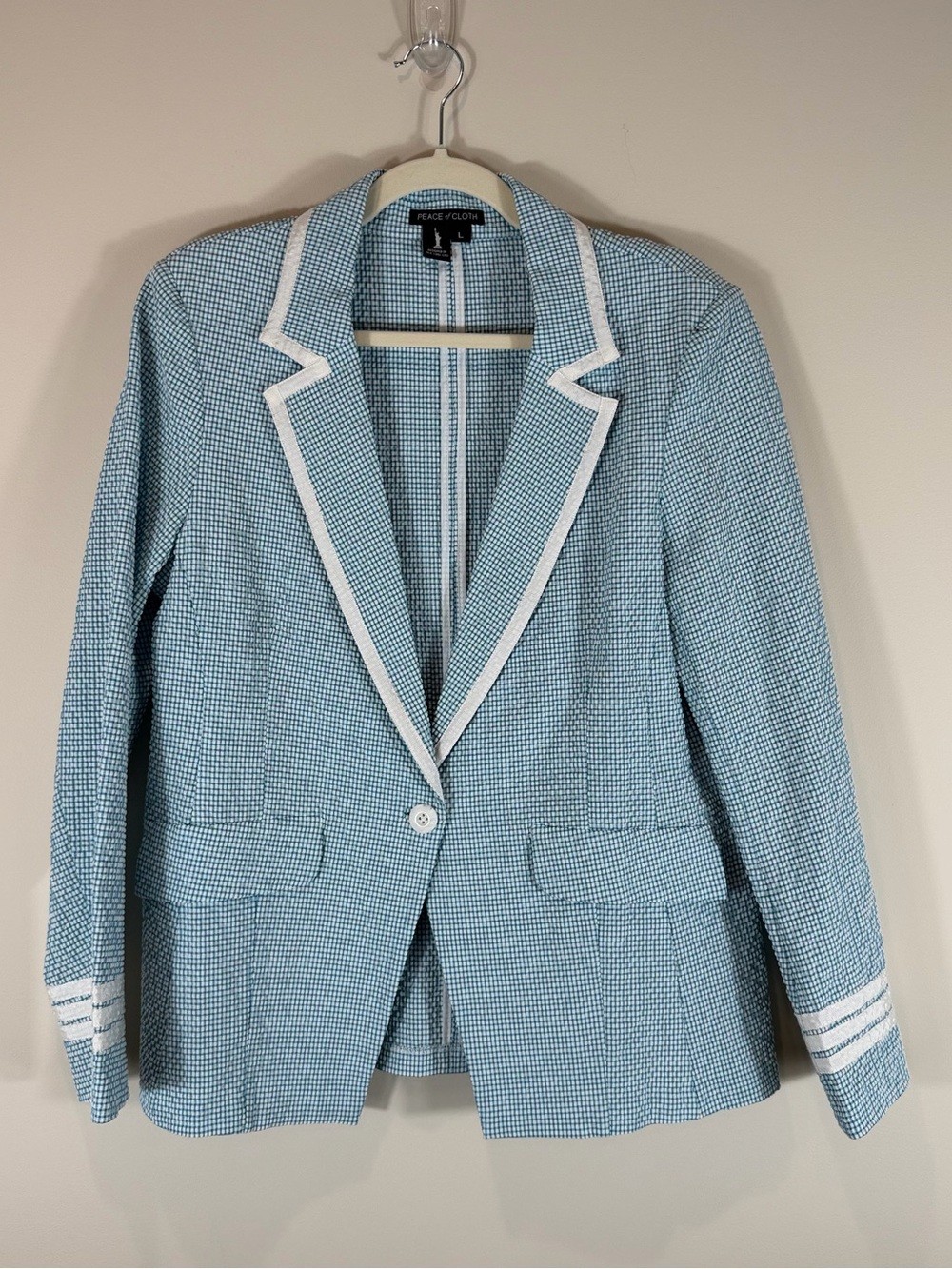 Peace of Cloth Vintage Aqua Blue & White Gingham Blazer Size Large