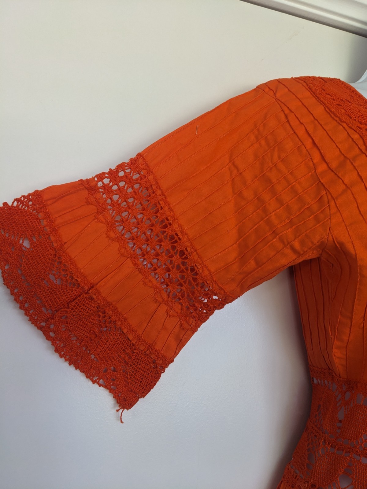 Vintage Orange Cotton Pintuck Crochet Lace Mexican Boho Peasant Dress Maxi 70s