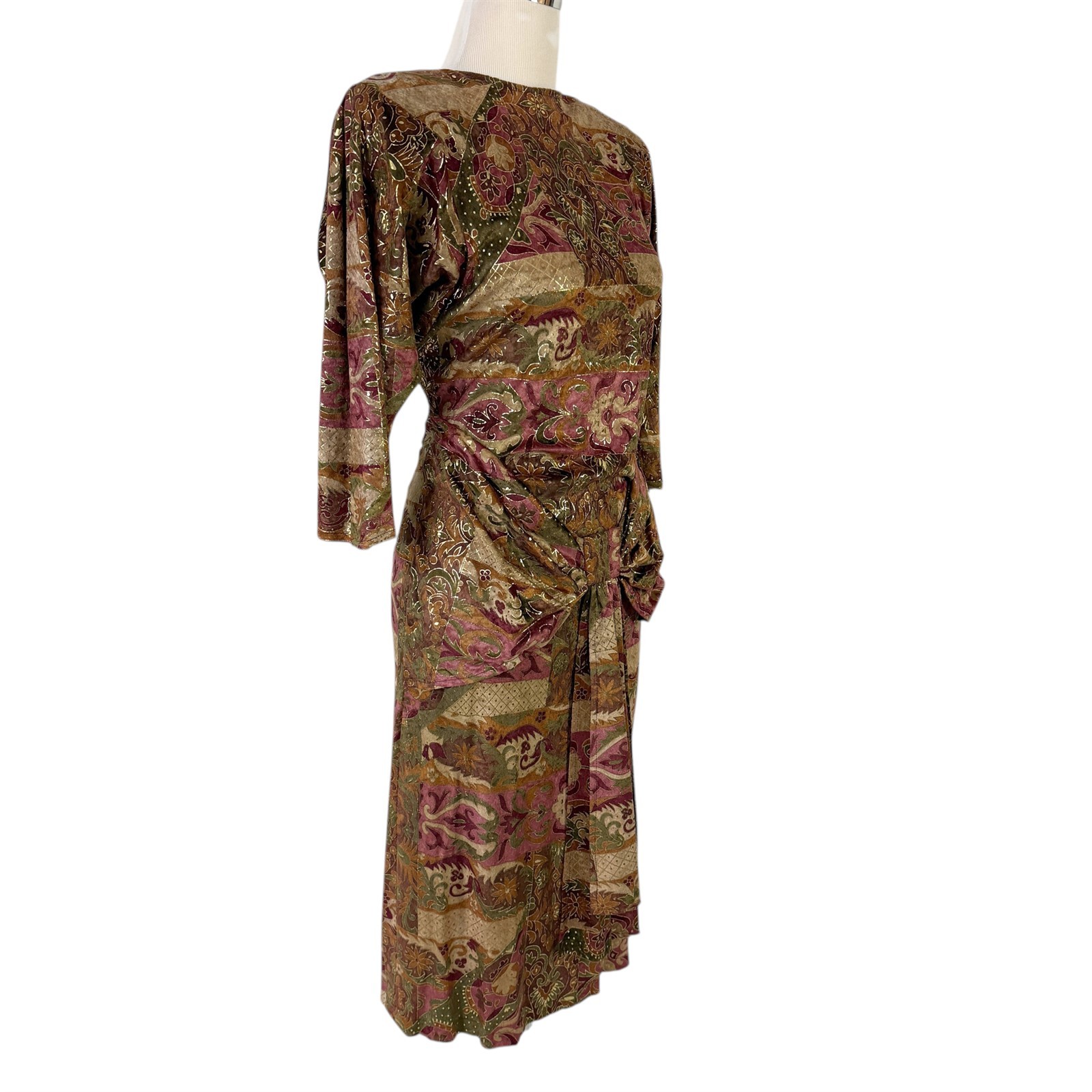 Janine Hand Painted Gold Metallic Mosaic Dress Size Medium Vintage 1980s Italy