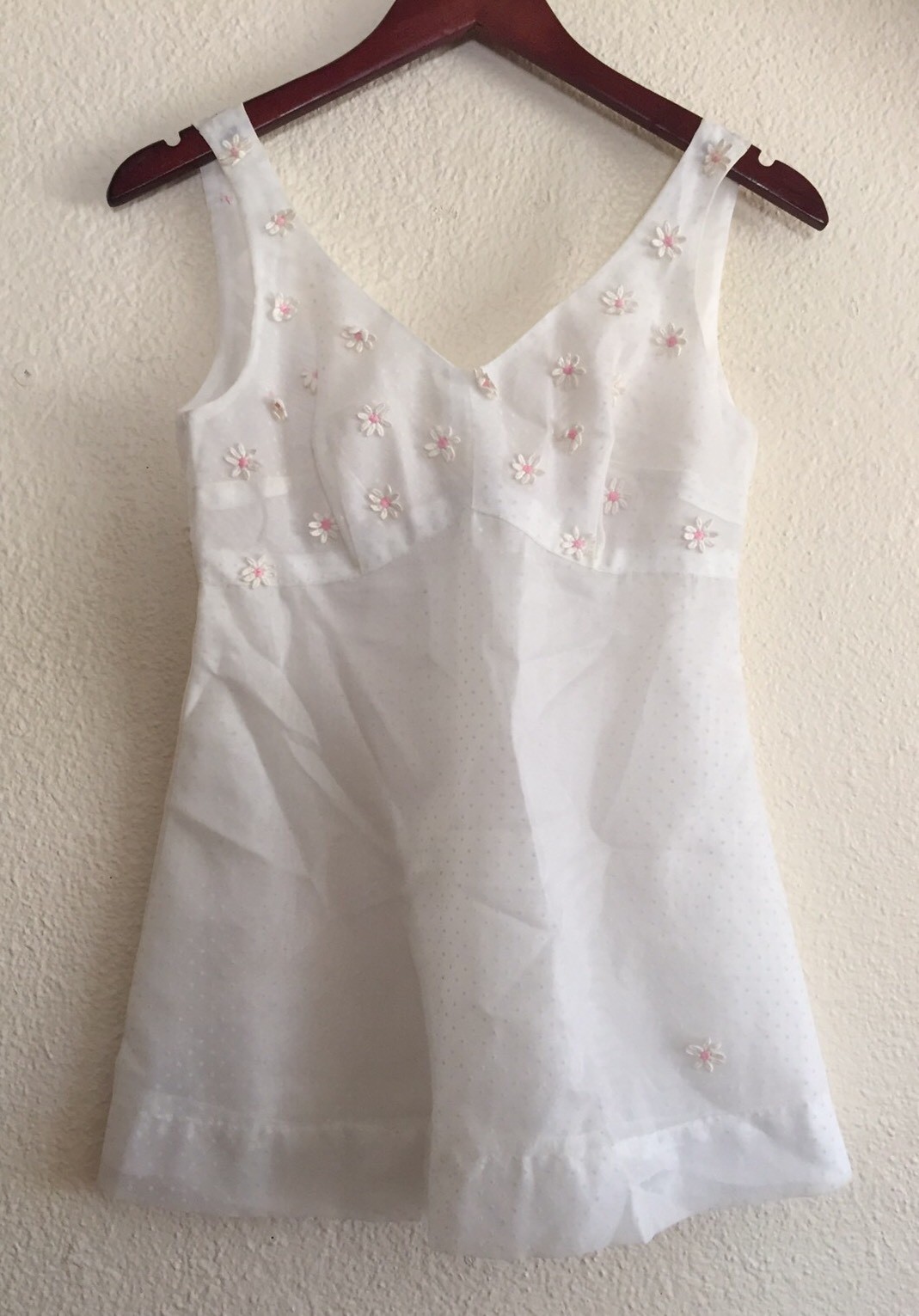 VTG Daisy Applique White Polka Dot Top Tank Blouse Sleeveless Retro Pretty 4 6 S
