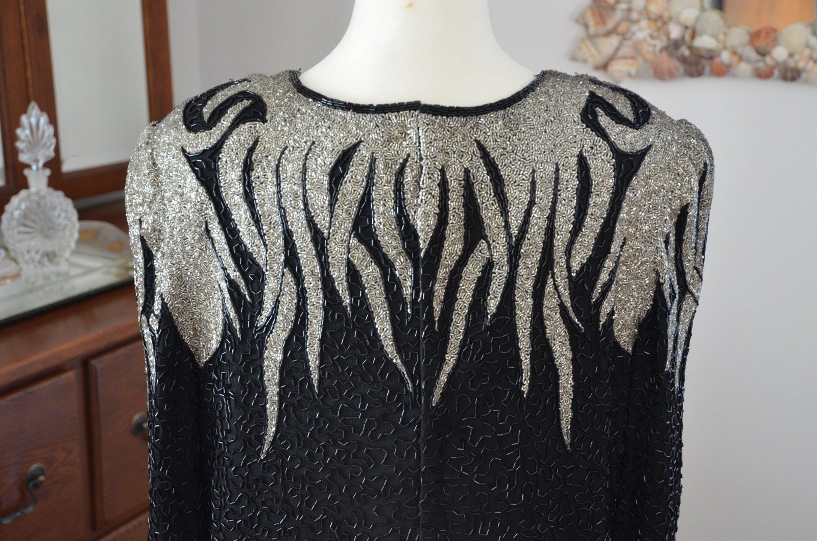 Vintage 80s 100% Silk Black & Silver Heavily Beaded Evening Top! 1X Plus Size