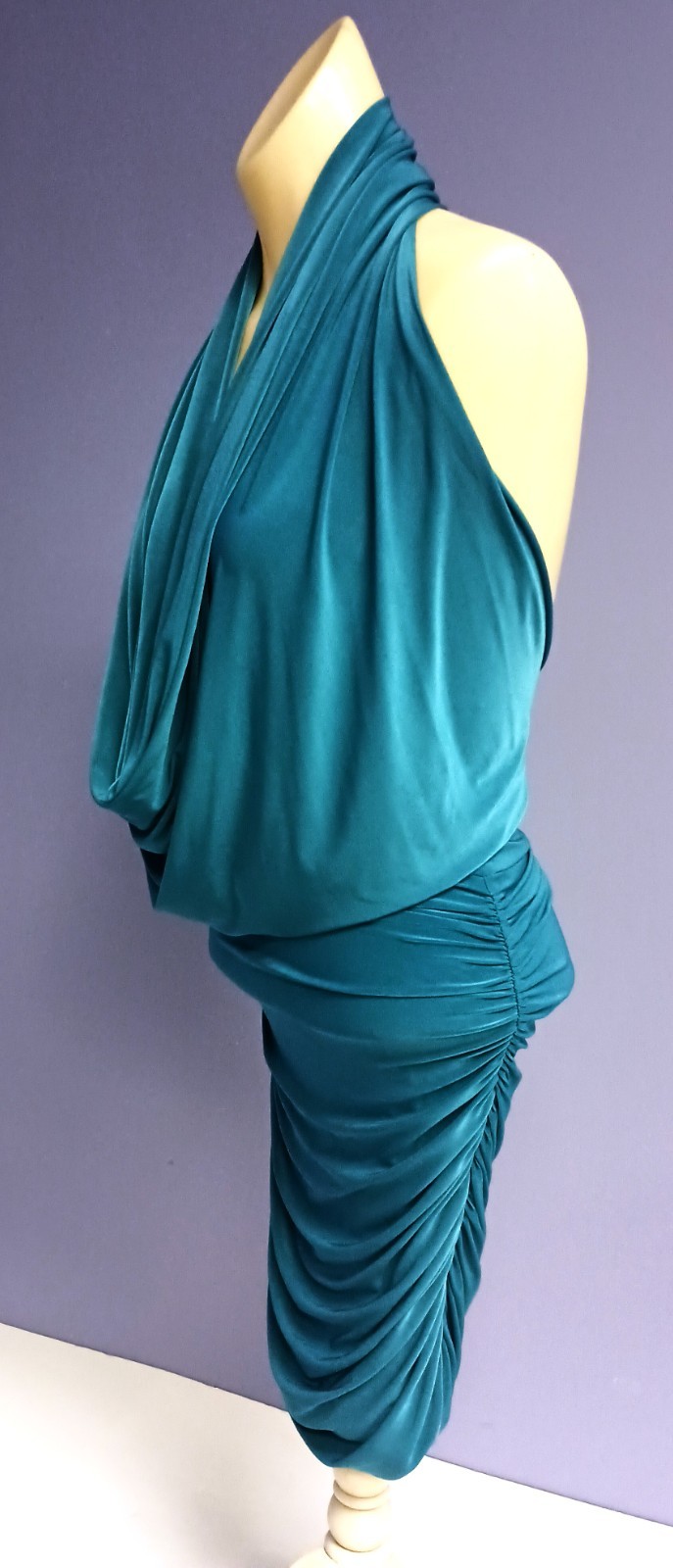 Vintage 90’s XXI Teal Bodycon Backless Ruched Cowl Halter Dress S/P