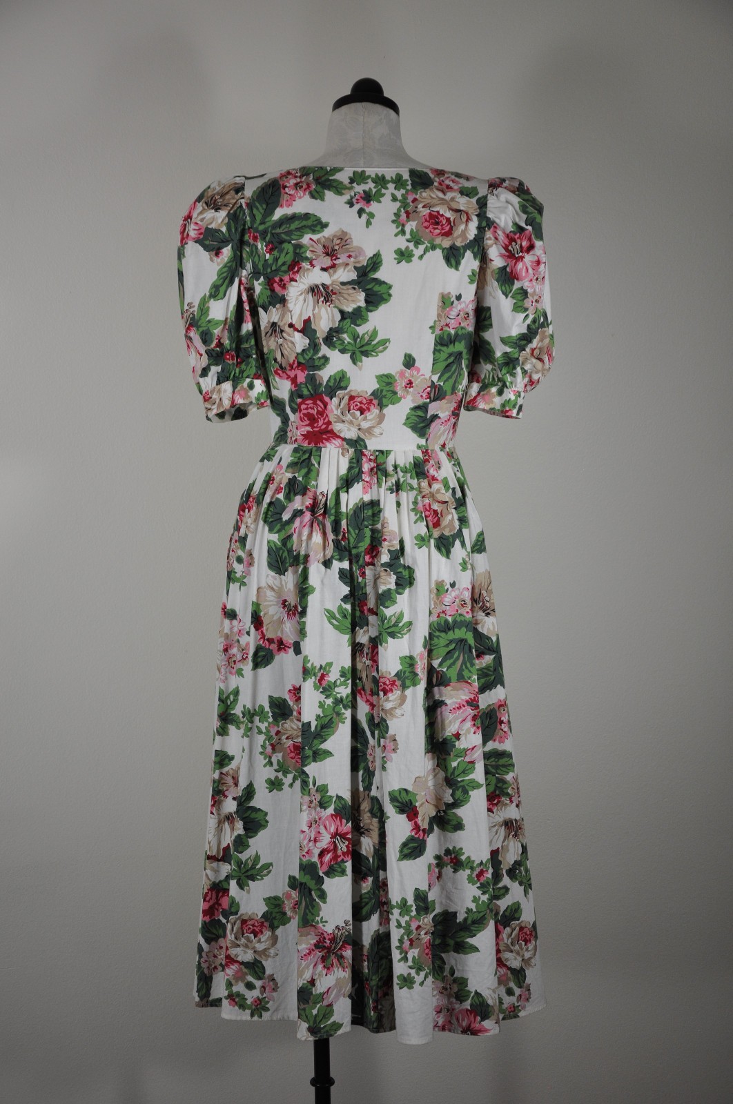 80s Vintage Pink Green Hibiscus Floral Puff Sleeve Romantic Midi Dress Women M L