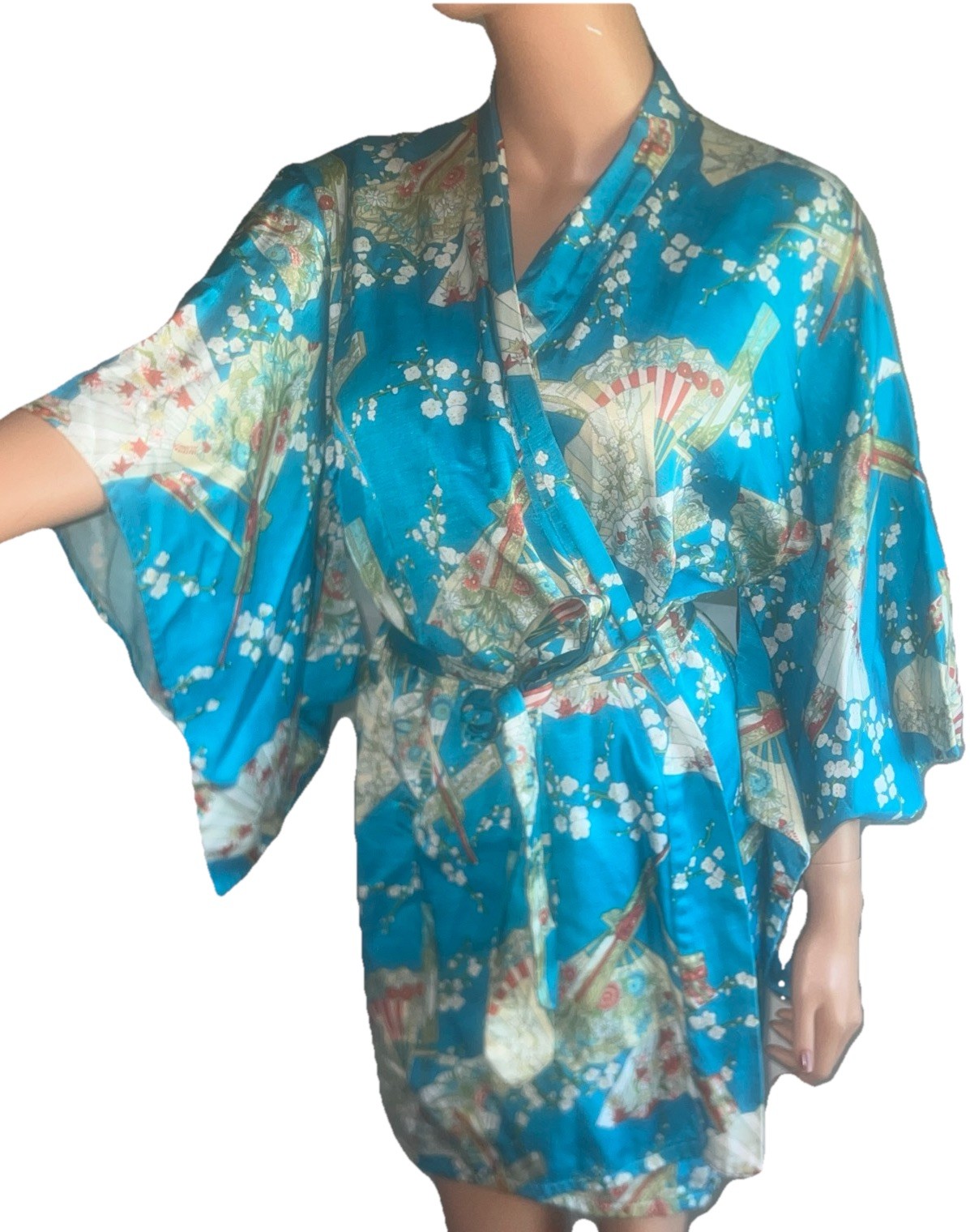 Vintage 60s Cotton Sateen Kimono Robe L Turquoise Blue Floral Fan Belted Short