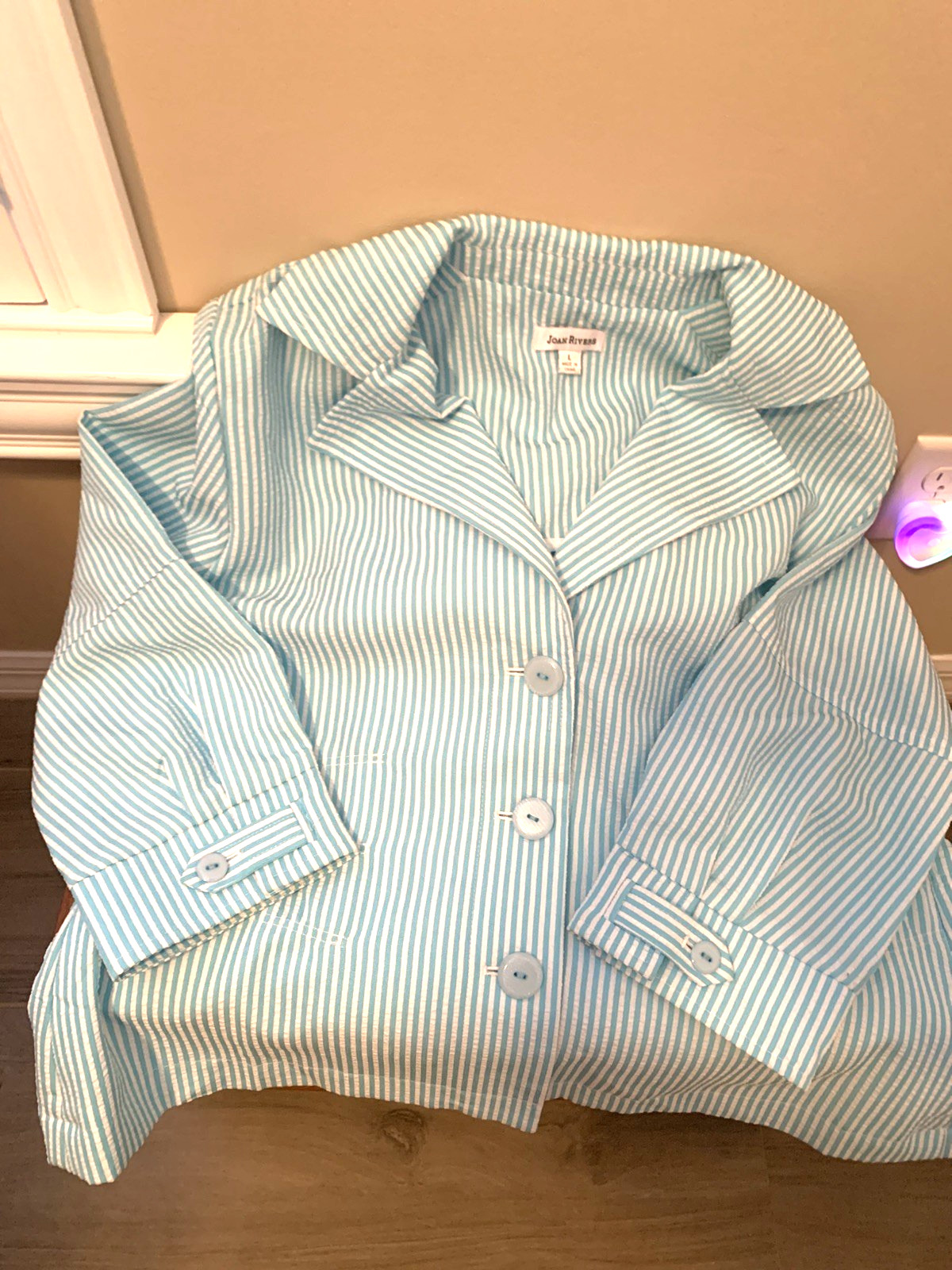 Vintage Joan Rivers Blue & White Searsucker Jacket Spring blaze Size Large/XL